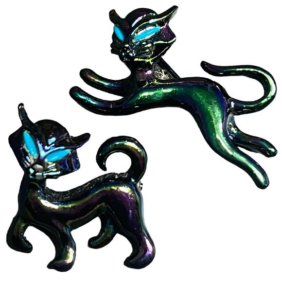 Vintage Iridescent Black Enamel Cat Pins Set of Two - Picture 1 of 6